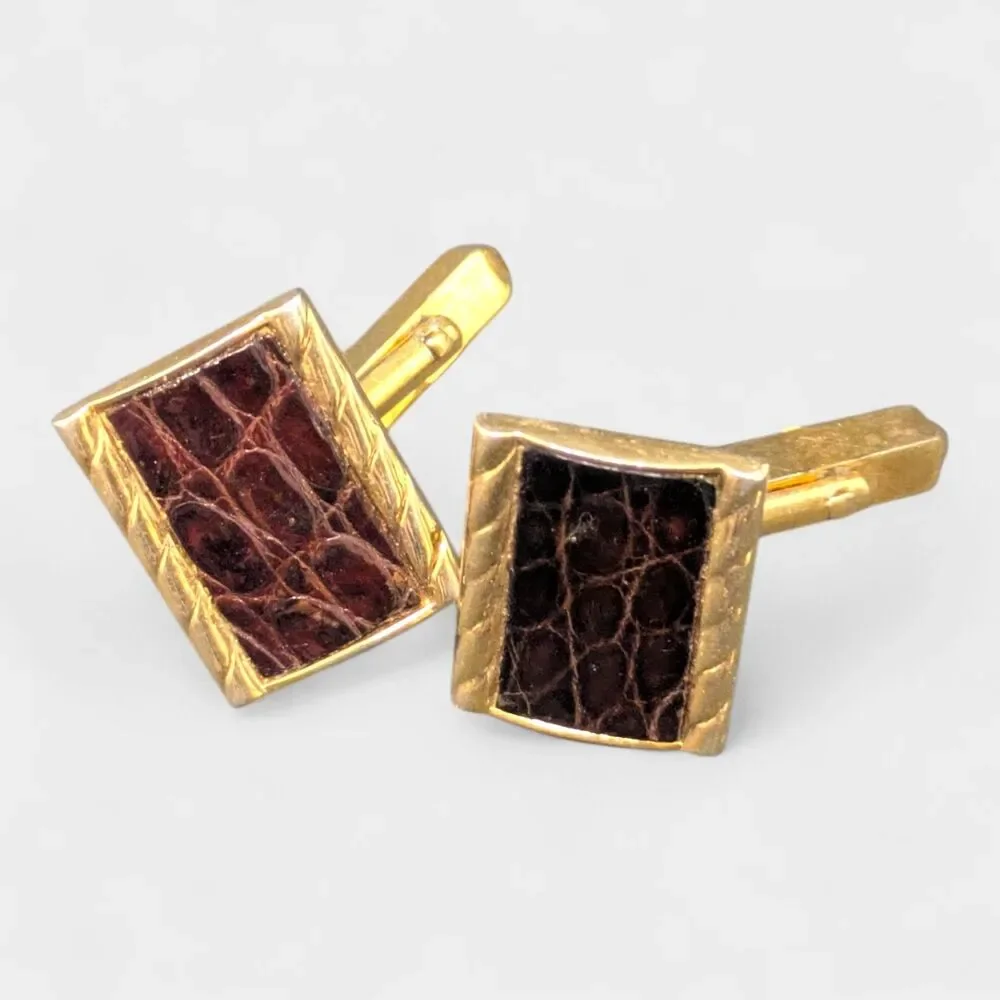 Vintage Swank Gold Tone Leather Cufflinks featuring alligator leather inset